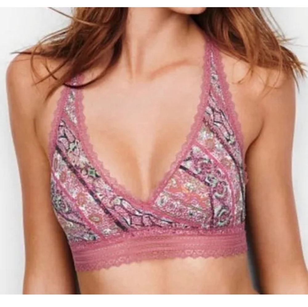 Victoria's Secret size Small Mauve Print Longline Lace Bralette Lightly Padded